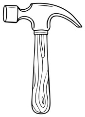 Black and white line art illustration of a classic hammer tool with a wooden handle and metal head