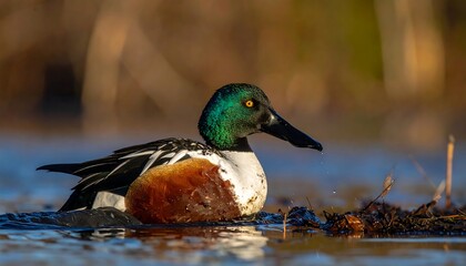 Northern Shoveler Duck Swimming in Calm Water with Focused Gaze.
