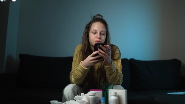 An Uneasy Woman Watches Phone For Updates, Restless Woman On Couch Anxiously Awaiting Message Or News