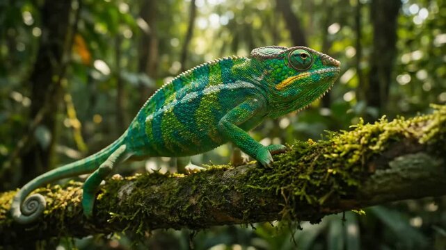 Chameleon in Tropical Rainforest, Wildlife Reptile, Biodiversity, Exotic Animal, Nature Habitat, Climate and Environment Concept