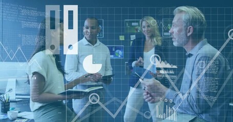 Business team discussing data analytics with charts and graphs overlay animation - Powered by Adobe