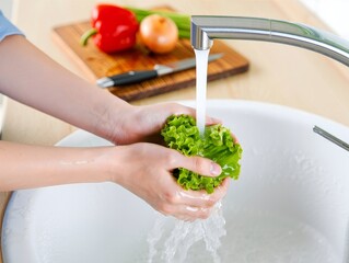 Woman Washing Lettuce in Kitchen Sink - Healthy Food Preparation
