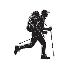 Hiker with backpack and trekking poles walking