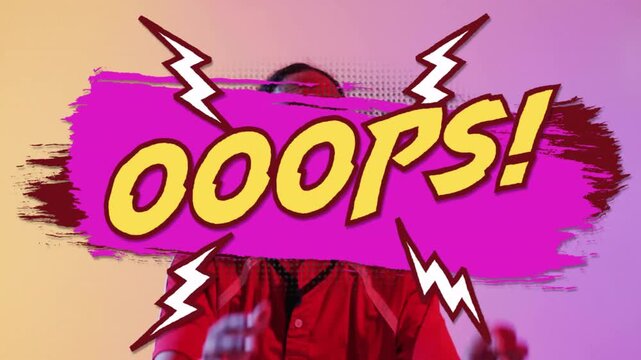 Comic-style animation with Ooops! text and lightning bolts on colorful background