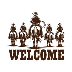 Cowboys on horseback with welcome sign