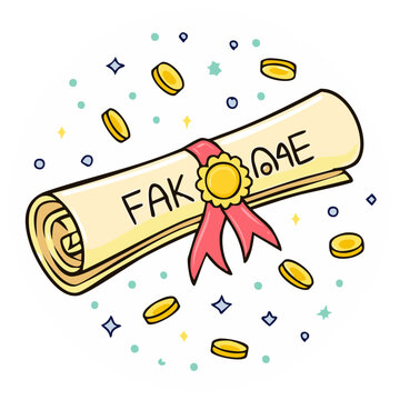 Cartoon Illustration of a Fake Diploma Scroll with Gold Coins Symbolizing Academic Fraud