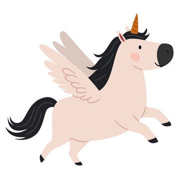 A cute pegasus unicorn running fast. Flat vector illustration in a simple children's style. . Vector illustration