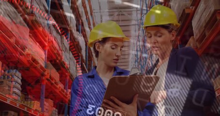 Warehouse colleagues tapping clipboard and analyzing inventory while digital charts rotating - Powered by Adobe