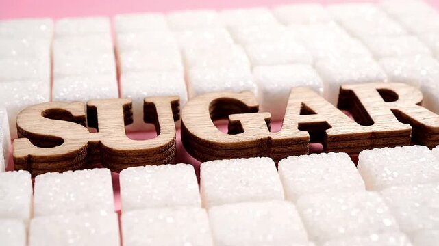 A close-up, eye-level view showcases the word 'SUGAR' spelled out with charming wooden block letters. These tactile letters rest atop a pristine, organized grid of sparkling white sugar cubes, set aga
