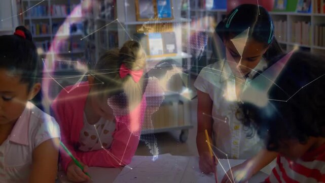 Students writing with pencil in library as network lines drifting and globe rotating for learning