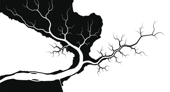 River delta vector silhouette with branching tributaries and estuary flow
