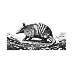 Armadillo walking on rocky terrain in black and white illustration