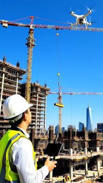 Construction Site Supervision: A Professional Monitoring a Building Project with a Drone on a Bright Day, Showcasing Modern Techniques in Civil Engineering and Technology