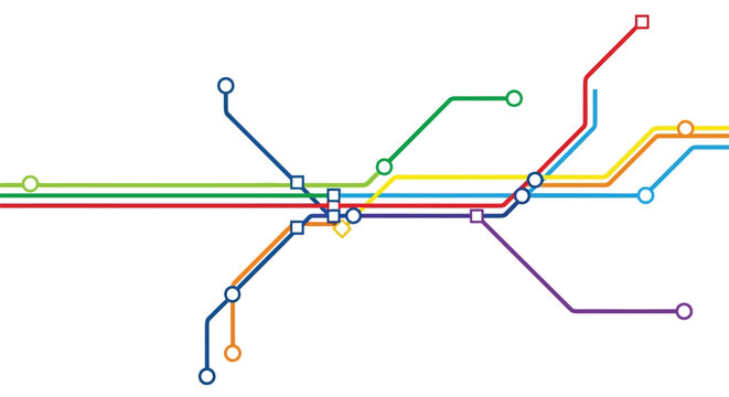 Colorful metro subway system map with intersecting lines vector