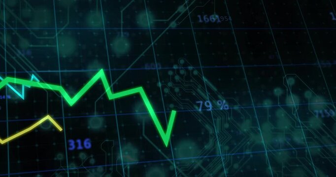 On launch multi-colored lines climbing, plunging and rebounding on circuit grid visualizing data