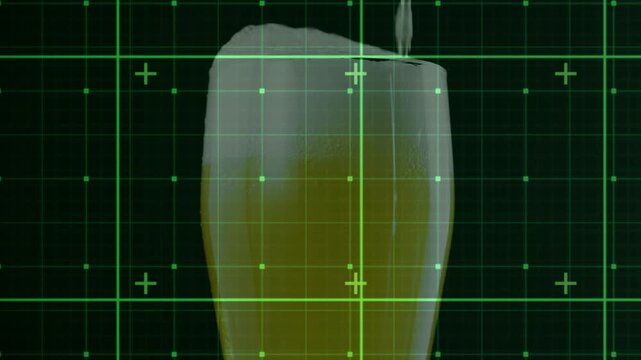 Narrow stream entering top, pint glass filling, foam settling to showcase amber beer against grid