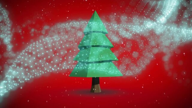 Luminous particle ribbon entering from left curling around lowpoly fir tree, creating festive glow