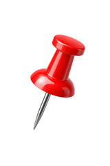 Red push pin isolated on white surface, office stationery object cut out transparent background