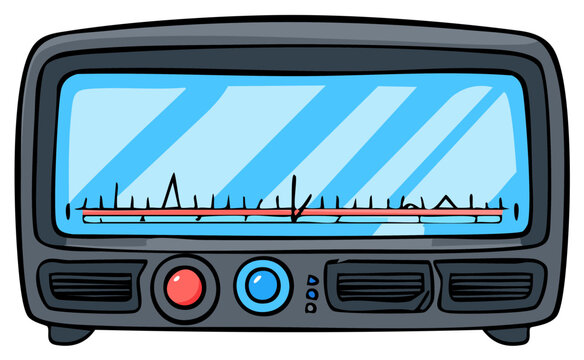 Cartoon illustration of a retro polygraph machine with a signal wave on screen