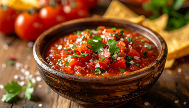 Tomato salsa in wooden bowl, coarse salt and cilantro garnish, cherry tomatoes and tortilla chips around