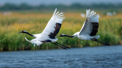 Fototapeta premium red crowned cranes flying in a lake