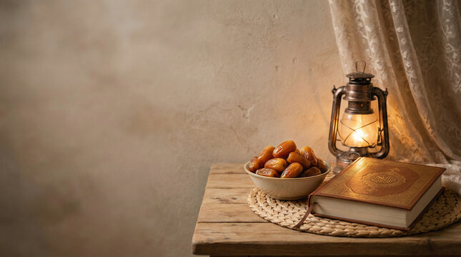 Realistic still life of dates placed near a closed Qur&rsquo;an, both arranged in a corner composition