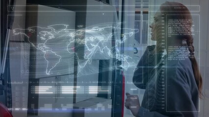 Animation of digital interface over caucasian female warehouse worker - Powered by Adobe