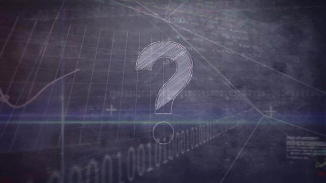 Animation of financial data processing with binary coding and question mark over grid