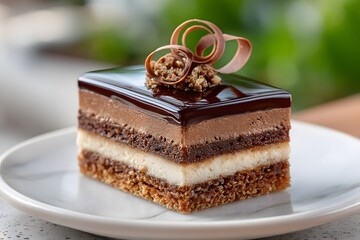 Exquisite Macro of Rectangular Chocolate Entremet Slice with Layered Mousse and Glossy Glaze on White Ceramic Plate