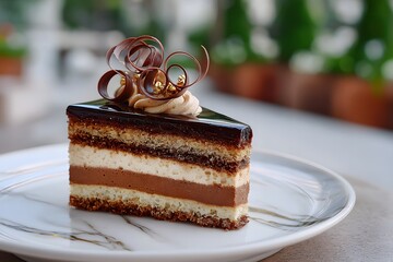 Exquisite Macro of Rectangular Chocolate Entremet Slice with Layered Mousse and Glossy Glaze on White Ceramic Plate