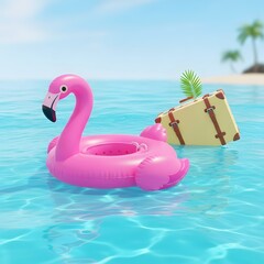 A pink flamingo floatie and a suitcase in the ocean water