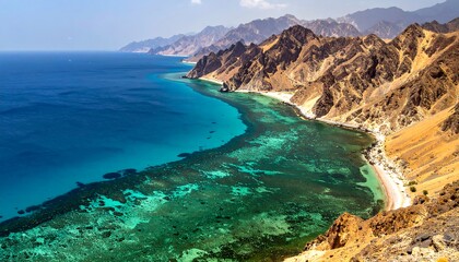 Obraz premium Coastal Beauty - Turquoise Waters and Rugged Mountains of Oman.