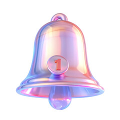 A 3D pink bell icon with a notification symbol isolated on a white background