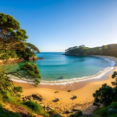 A serene beach with clear blue water and lush greenery on a sunny day