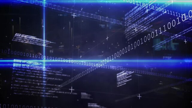Animation of data processing and binary coding over road traffic in fast pace in city
