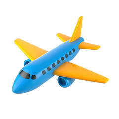 A 3D icon of a blue and yellow airplane isolated on a white background for travel concepts