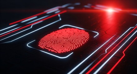 Red glowing fingerprint scan on futuristic digital interface with neon lights