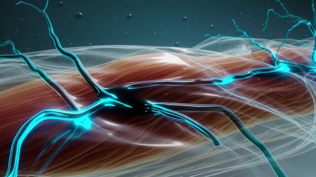 Neural connections stimulating muscle tissue with bright blue electrical impulses, illustrating the intricate nervous system control over movement.