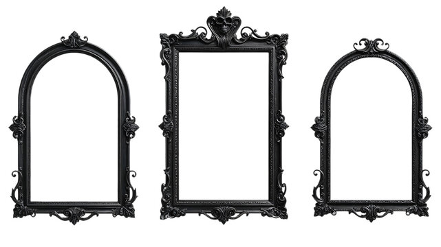 Ornate antique black picture frames with a vintage baroque design and clipping path features a blank wooden border for old gothic art decoration ,png