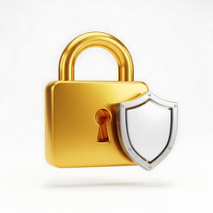 A 3D icon of a gold padlock with a silver shield isolated on a white background for security concepts