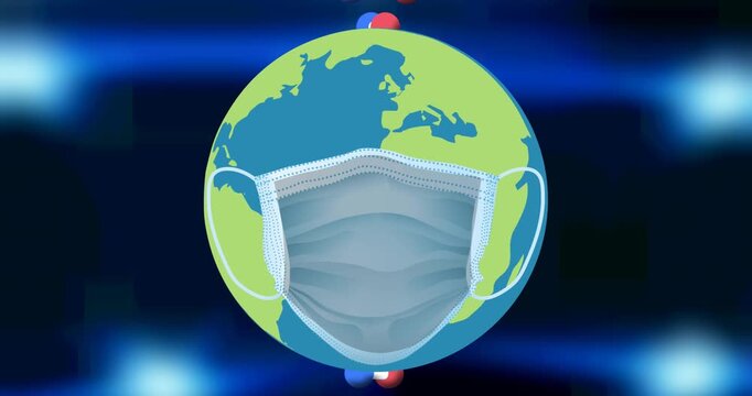 Animation of dna strand and globe with face mask over blue background