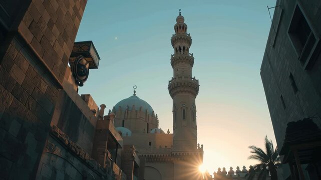 Sunset view of a mosque minaret with intricate architecture and domes  highlighting Islamic religious symbols and cultural significance during evening hours