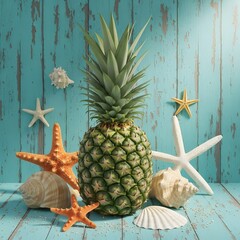 A pineapple surrounded by starfish and seashells on a wooden surface