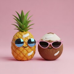 A pineapple and coconut wearing sunglasses on a pink background