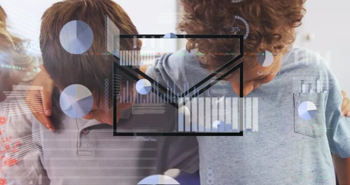 Animation of email icon, graphs, charts against caucasian kids wrapping arms around each other