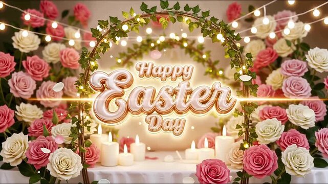 Elegant Happy Easter Day wreath design with glowing lights, floral decoration and warm festive spring celebration mood