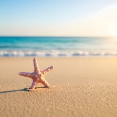 A serene beach scene with a starfish on the sandy shore