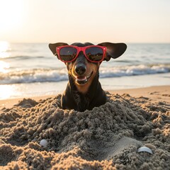A playful dog wearing sunglasses is buried in the sand on a beach