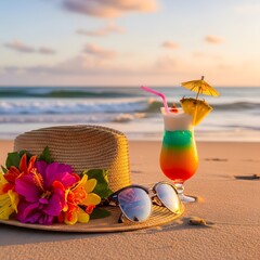 A colorful beach scene with a hat, sunglasses, and cocktail at sunset
