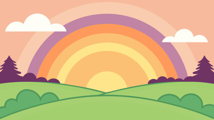 Fototapeta premium Cartoon landscape with rainbow and sunset vector illustration